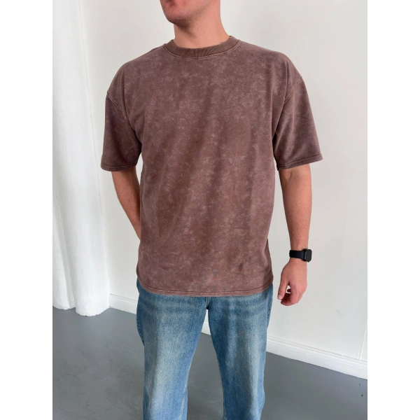 Yıkamalı Unisex Oversize Tshirt Kahverengi