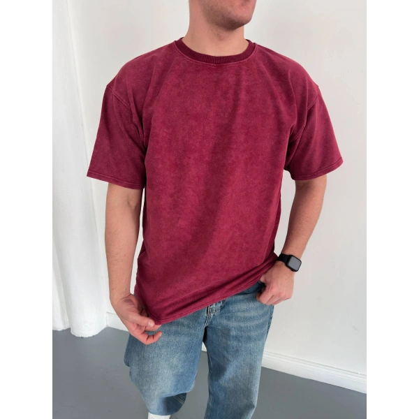 Yıkamalı Unisex Oversize Tshirt Bordo