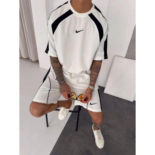 Oversize Nk Şortlu Takım Beyaz