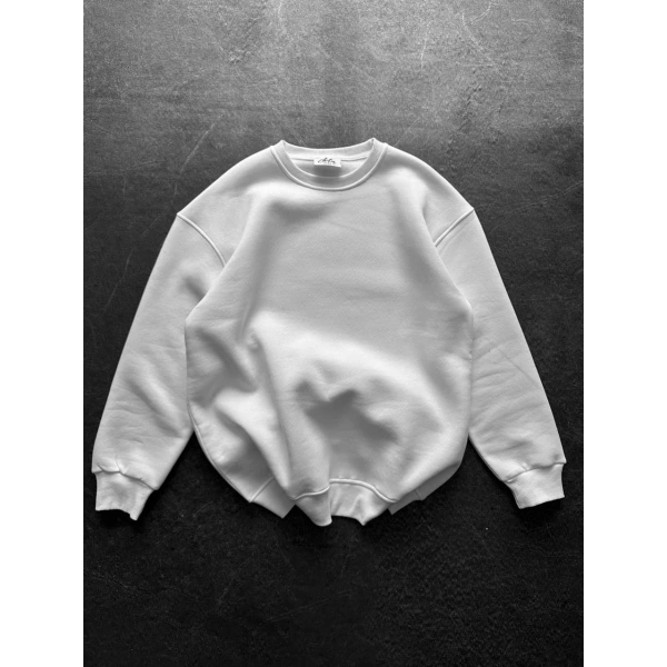 Basic Şardonlu Unisex Sweatshirt Beyaz
