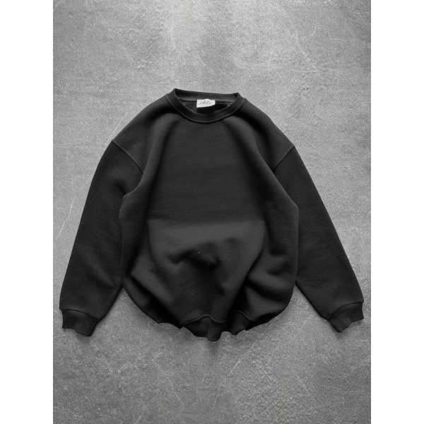 Basic Şardonlu Unisex Sweatshirt Siyah