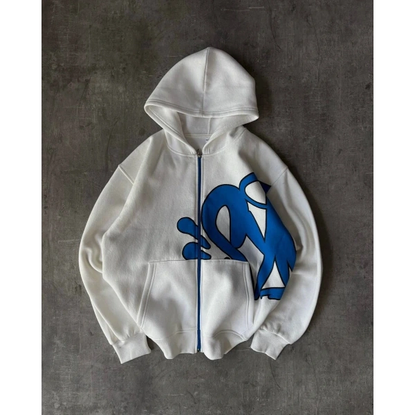 Baskı Detay Oversize Şardonlu Unisex Hırka Beyaz