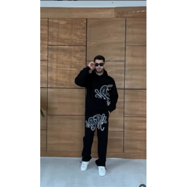 Baskı Detay Şardonlu Eşofman Takımı - Siyah