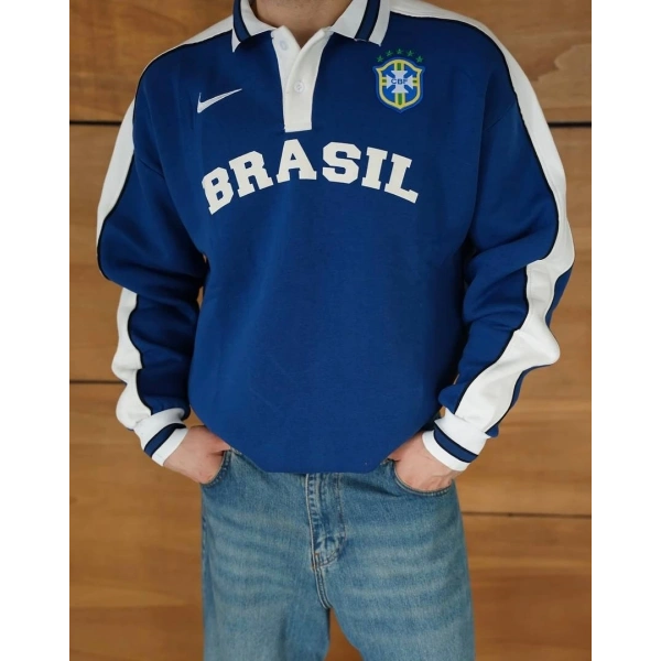 BRZ Polo Yaka Şardonlu Sweatshirt Lacivert