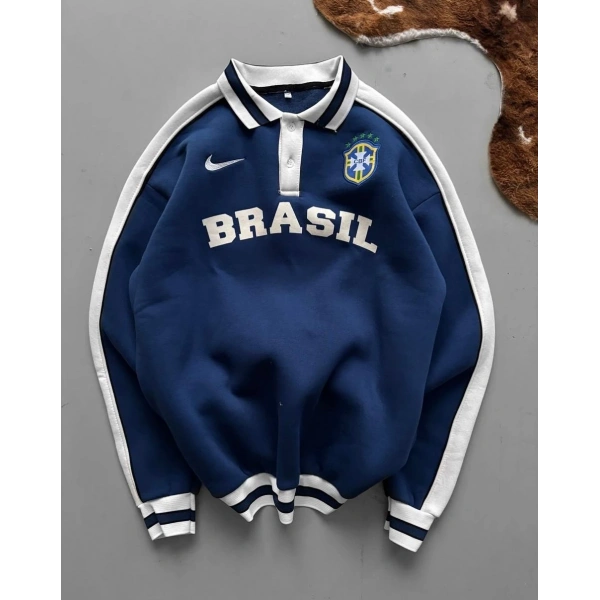 BRZ Polo Yaka Şardonlu Sweatshirt Lacivert