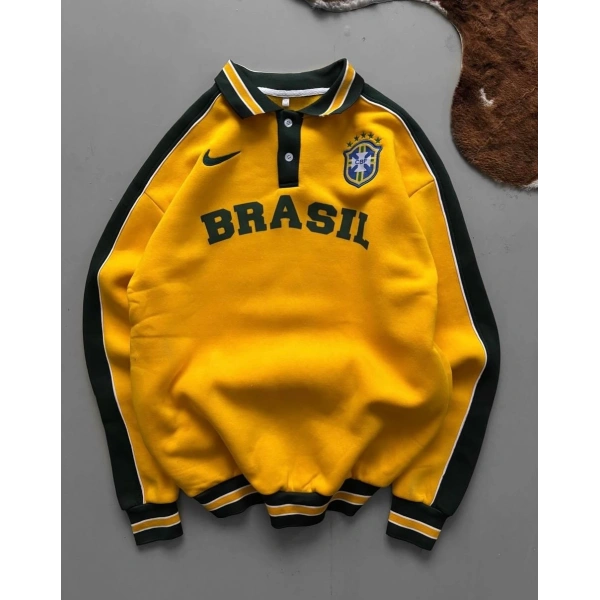 BRZ Polo Yaka Şardonlu Sweatshirt Sarı