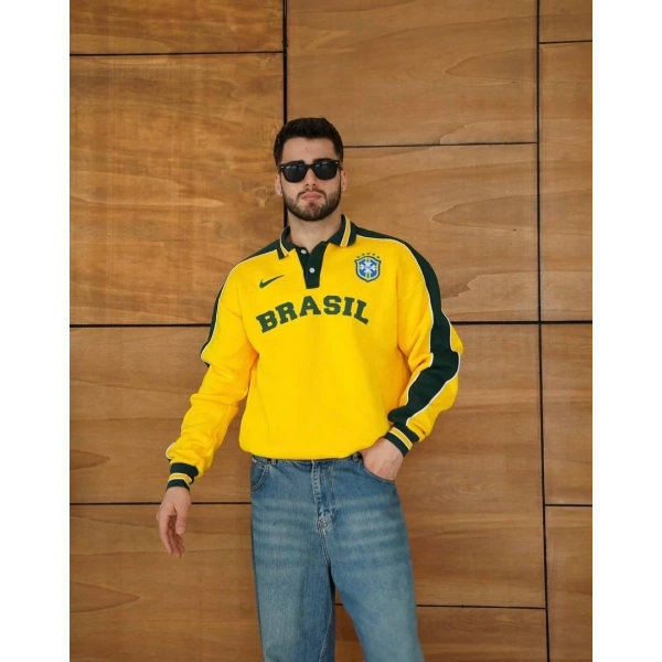 BRZ Polo Yaka Şardonlu Sweatshirt Sarı