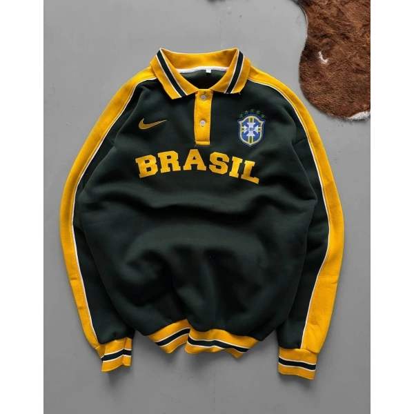 BRZ Polo Yaka Şardonlu Sweatshirt Yeşil