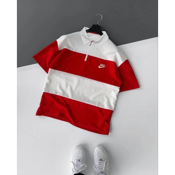 Çizgili Nk Polo Yaka Unisex Oversize Tshirt - Kırmızı