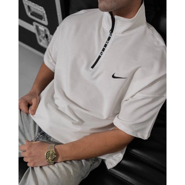 Dik Yaka NK Unisex Oversize Tshirt - Beyaz