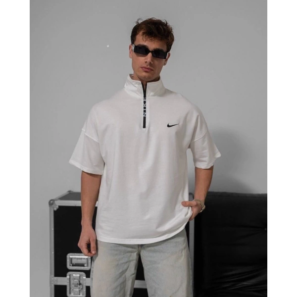 Dik Yaka NK Unisex Oversize Tshirt - Beyaz