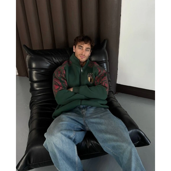 İtaly Oversize Şardonlu Unisex Hırka - Yeşil