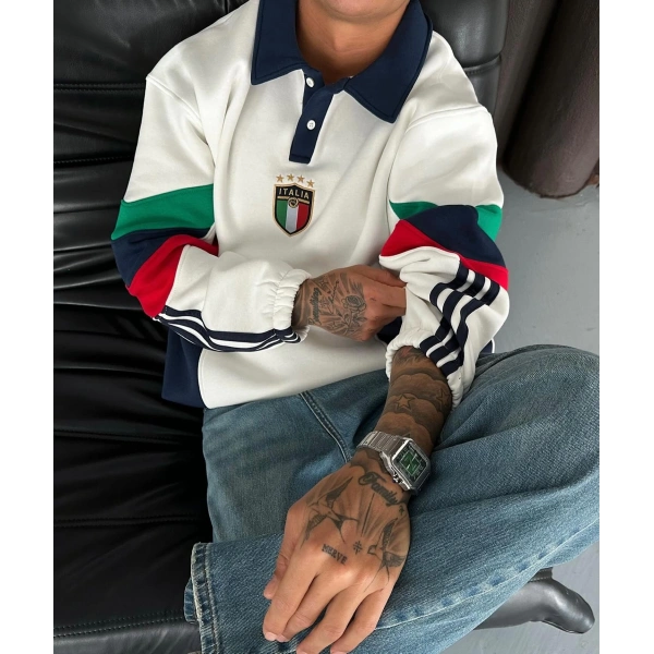 İtaly Parçalı Şardonlu Sweatshirt Beyaz