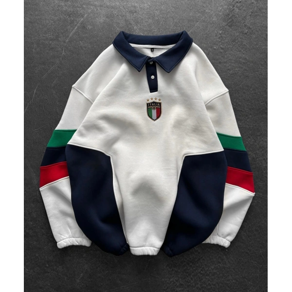 İtaly Parçalı Şardonlu Sweatshirt Beyaz