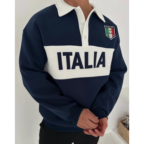 İtaly Polo Yaka Şardonlu Sweatshirt - Lacivert
