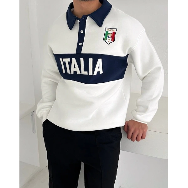 İtaly Polo Yaka Şardonlu Sweatshirt - Beyaz