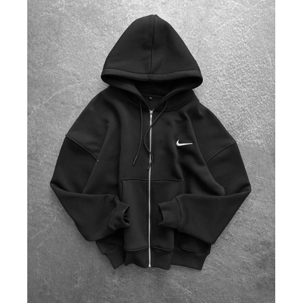 Nk Kapüşonlu Şardonlu Unisex Hırka Siyah
