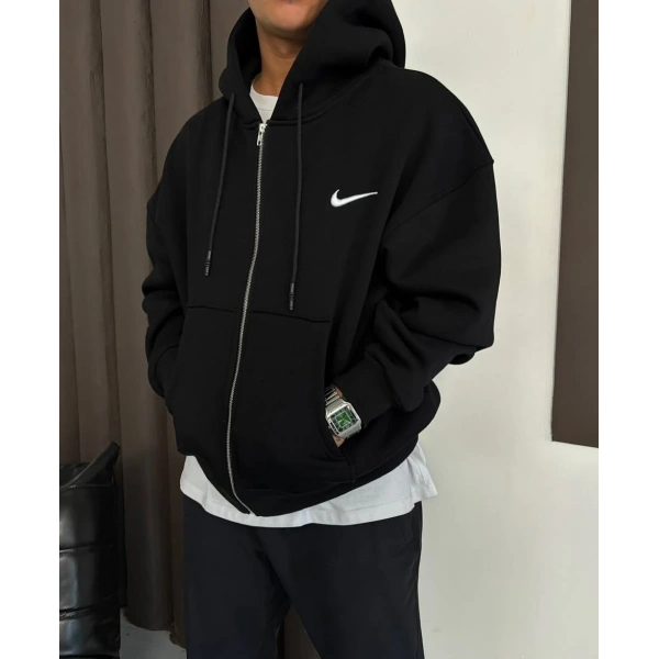 Nk Kapüşonlu Şardonlu Unisex Hırka Siyah