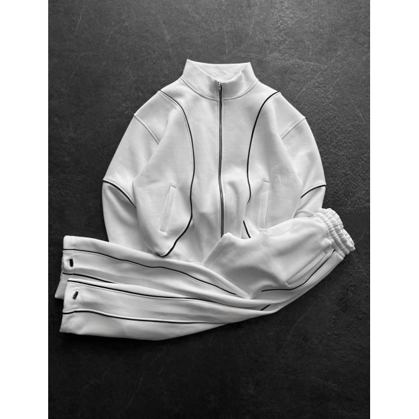 Orta Şerit Detay Şardonlu Eşofman Takımı Beyaz