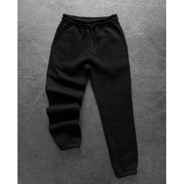 Paça Lastik Şardonlu Unisex Eşofman - Siyah