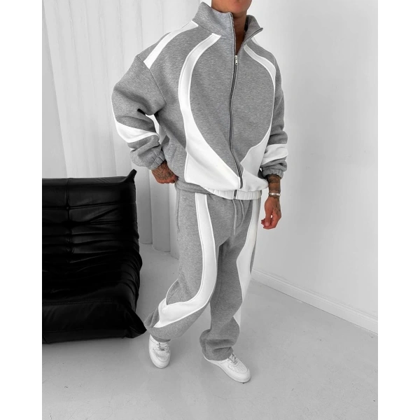 Parçalı Fermuarlı Şardonlu Unisex Eşofman Takımı Gri