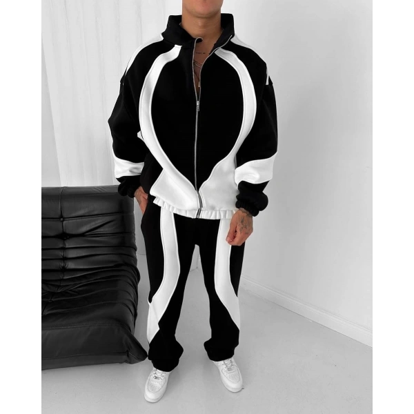 Parçalı Fermuarlı Şardonlu Unisex Eşofman Takımı Siyah