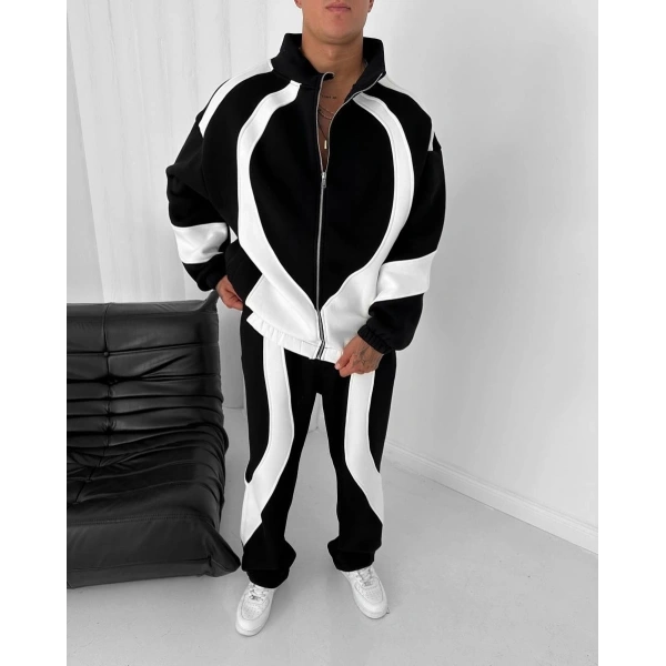 Parçalı Fermuarlı Şardonlu Unisex Eşofman Takımı Siyah