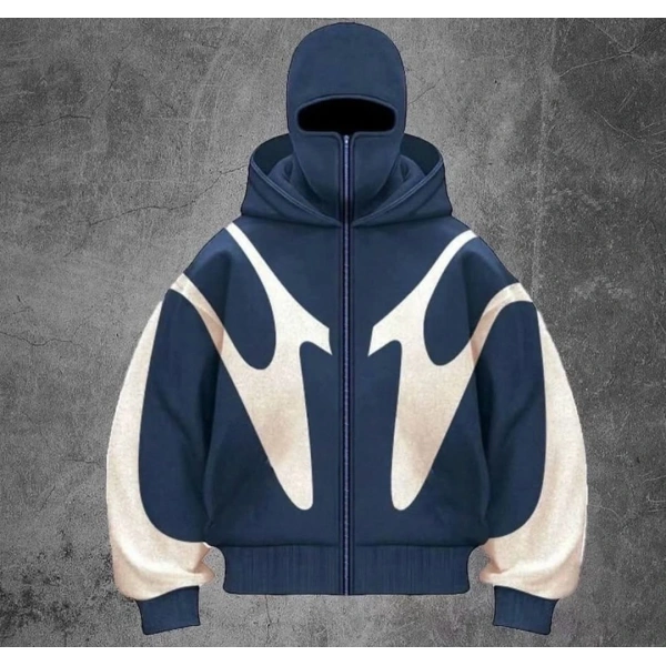 Parçalı Kar Maske Şardonlu Unisex Hırka Mavi