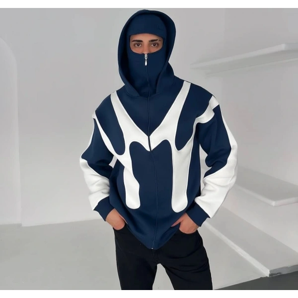 Parçalı Kar Maske Şardonlu Unisex Hırka Mavi