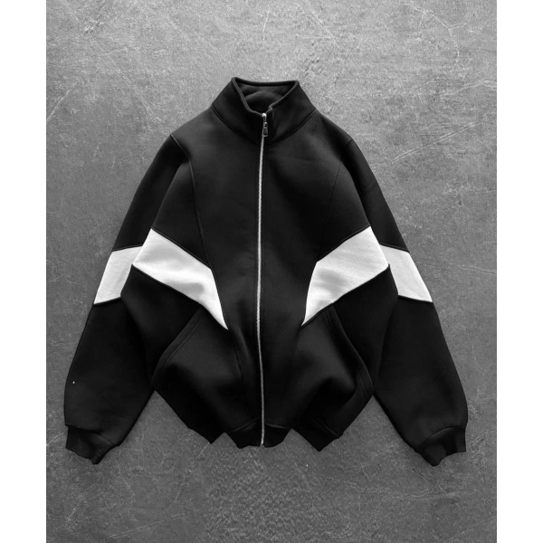 Parçalı Oversize Şardonlu Unisex Hırka Siyah