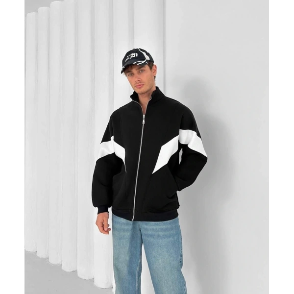 Parçalı Oversize Şardonlu Unisex Hırka Siyah