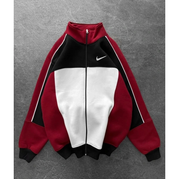 Parçalı Şardonlu Unisex Hırka - Kırmızı