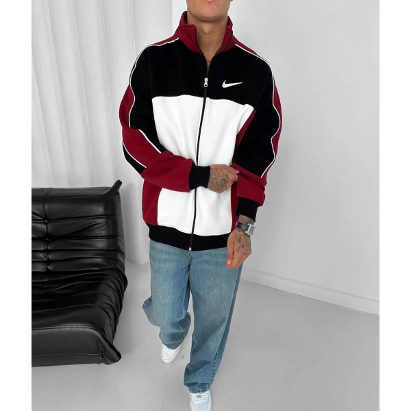 Parçalı Şardonlu Unisex Hırka - Kırmızı