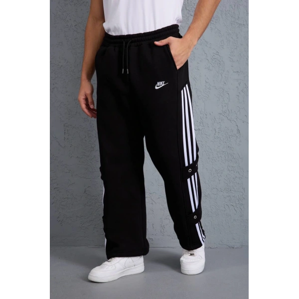 Şerit Detay Şardonlu Unisex Eşofman Siyah