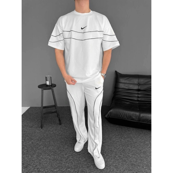Şeritli Nk Baggy Unisex Eşofman Takımı - Beyaz