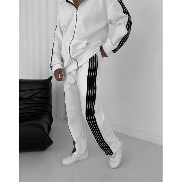Şeritli Şardonlu Unisex Eşofman Takımı - Beyaz