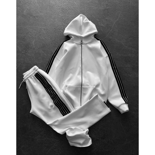 Şeritli Şardonlu Unisex Eşofman Takımı - Beyaz