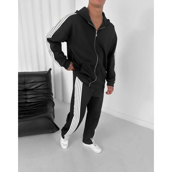 Şeritli Şardonlu Unisex Eşofman Takımı - Siyah
