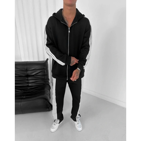 Şeritli Şardonlu Unisex Eşofman Takımı - Siyah