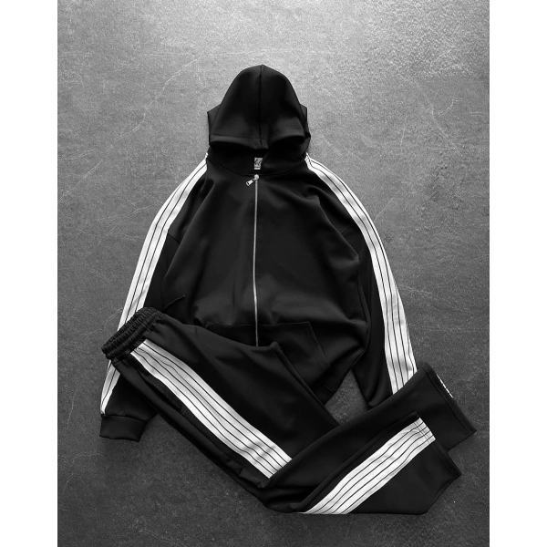 Şeritli Şardonlu Unisex Eşofman Takımı - Siyah