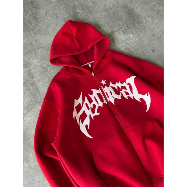 Taşlı Şardonlu Unisex Hırka Kırmızı