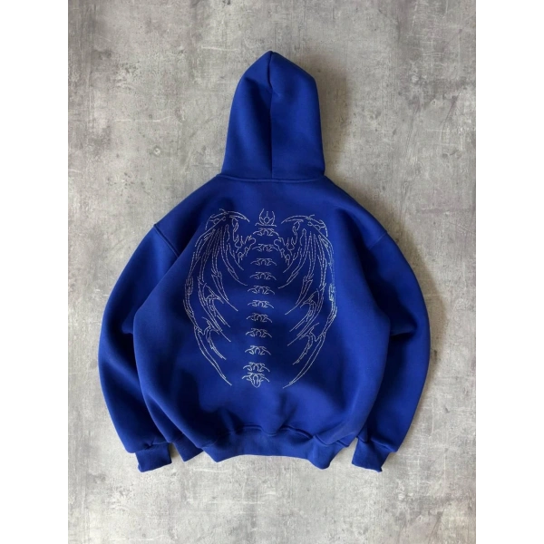 Taşlı Şardonlu Unisex Hırka Mavi