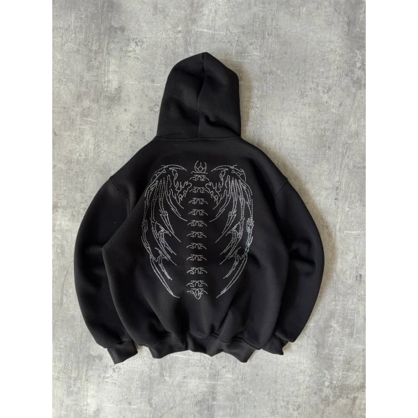 Taşlı Şardonlu Unisex Hırka Siyah