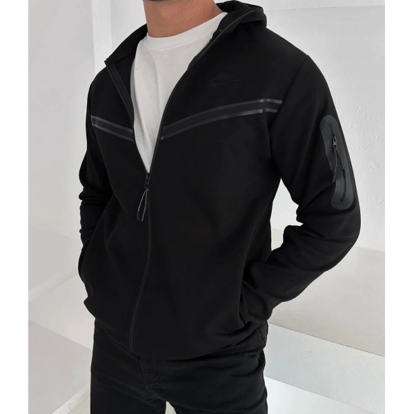 Tech Kapüşonlu Unisex Hırka - Siyah