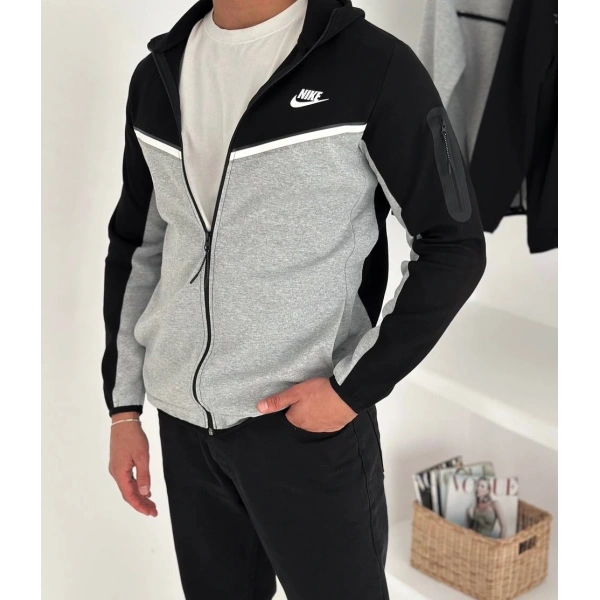 Tech Kapüşonlu Unisex Hırka - Siyah/Gri