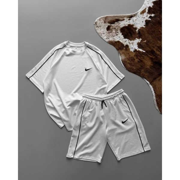 Tek Şerit Unisex Şortlu Takım - Beyaz