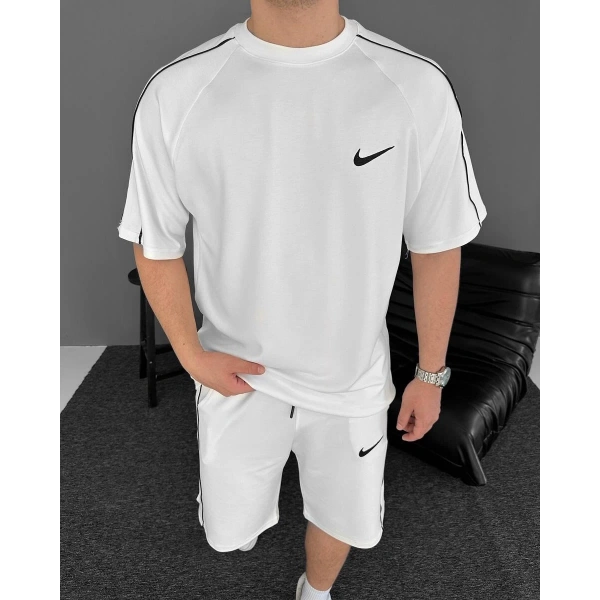 Tek Şerit Unisex Şortlu Takım - Beyaz