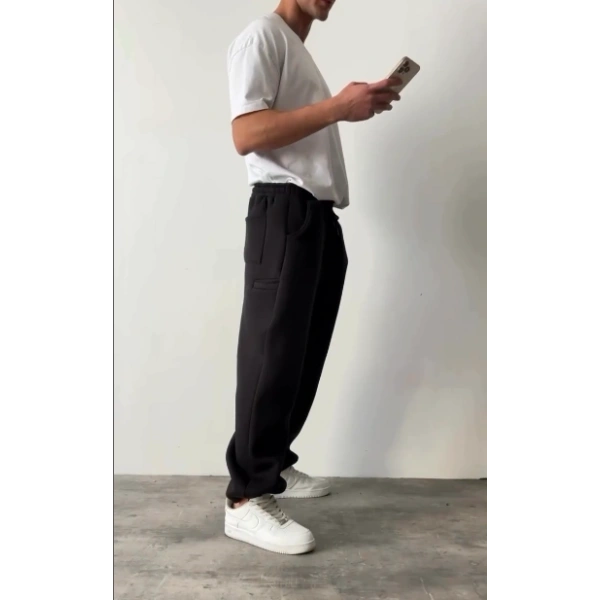 Yan Cep Detay Şardonlu Unisex Eşofman - Siyah