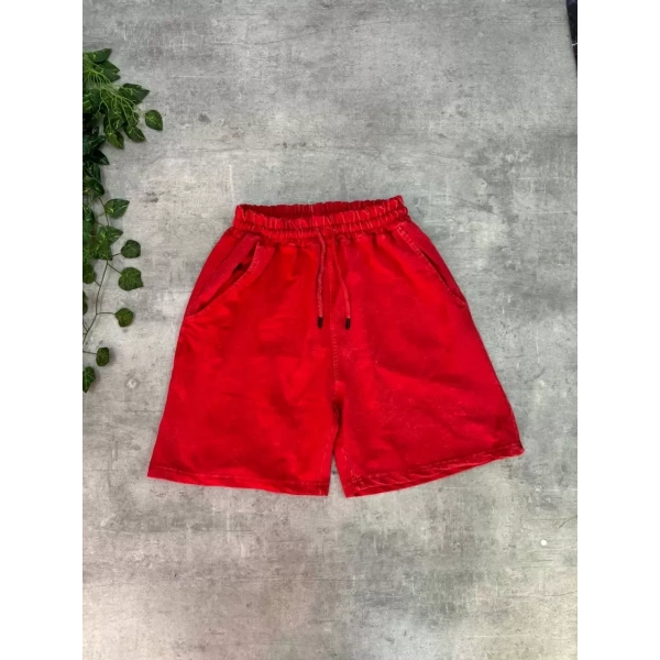 Yıkamalı Unisex Oversize Şort - Kırmızı