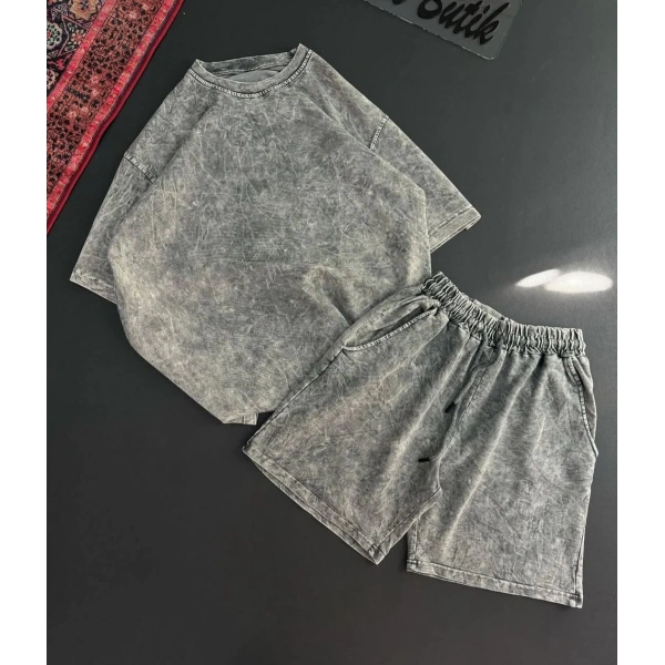 Yıkamalı Unisex Şortlu Takım - Gri